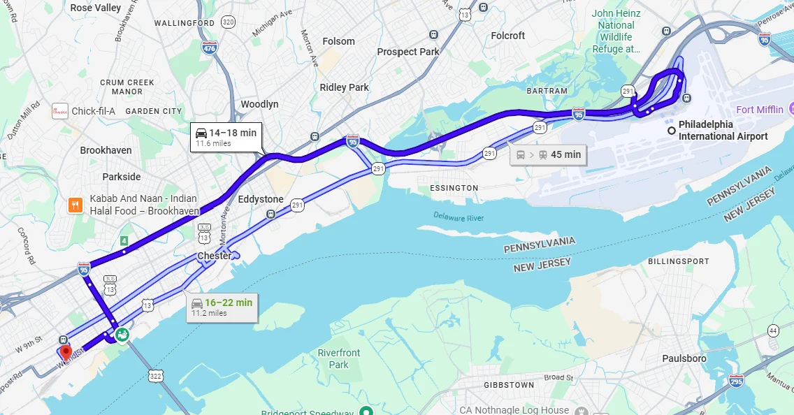 Map showing PA Bioskills location in Chester, PA — 15 minutes from Philadelphia International Airport